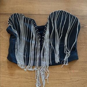 SHEIN Black Crop Top with Silver Fringe